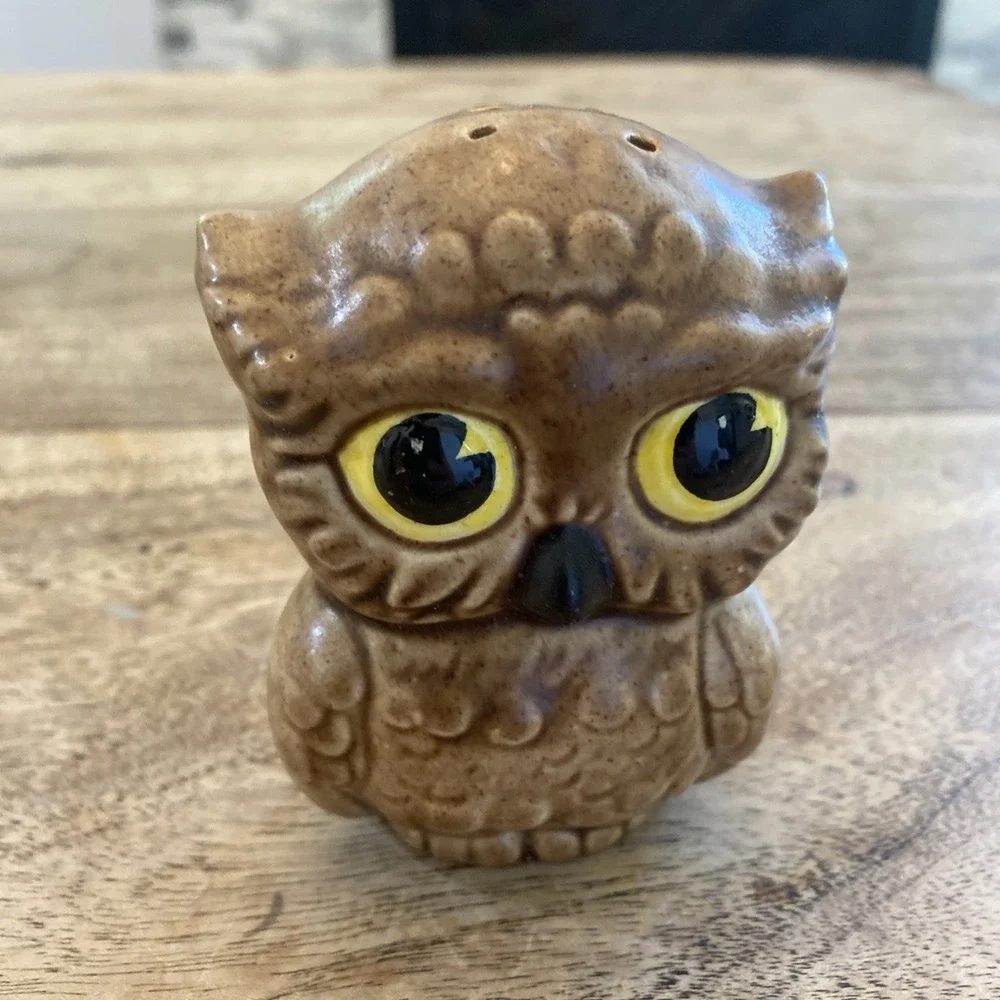 Vintage Salt And Pepper Shakers Set Corky, Charming Owl Stoneware